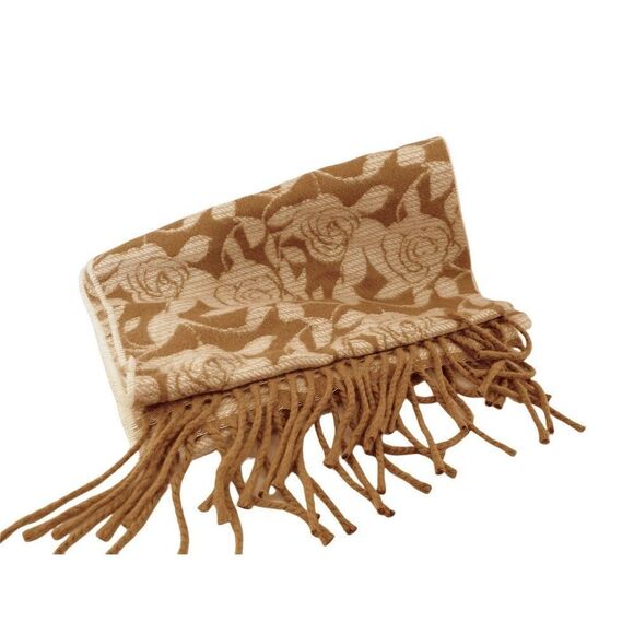 Cejon Rose Floral Tan & Cream Ultra Soft Scarf 65" x 11" Fringed Made in Italy - Picture 4 of 4